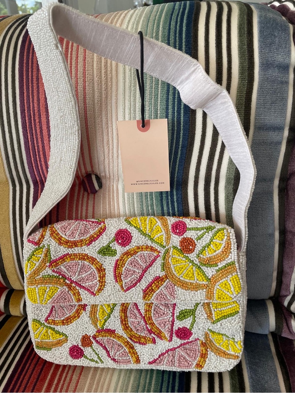 Beaded Citrus Print Shoulder Bag - White/Pink/Yellow - Picture 5 of 5